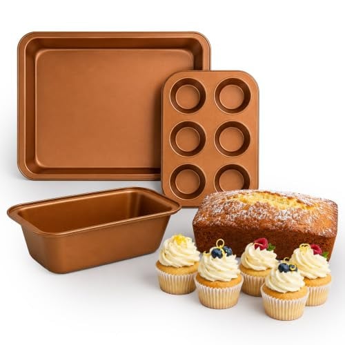 Relaxdays 3-delige bakvormset van carbonstaal met antiaanbaklaag, muffinvorm, cakevorm en rechthoekige braadschaal, goud/brons/oranje