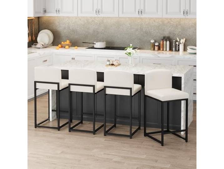 IDEALHOUSE 2er-Set Barhocker mit Rückenlehne & Fußstütze – 63 cm hohe Thekenhocker aus Kunstleder, Robustes Metallgestell für Kücheninsel, Esszimmer & Bar – Weiß
