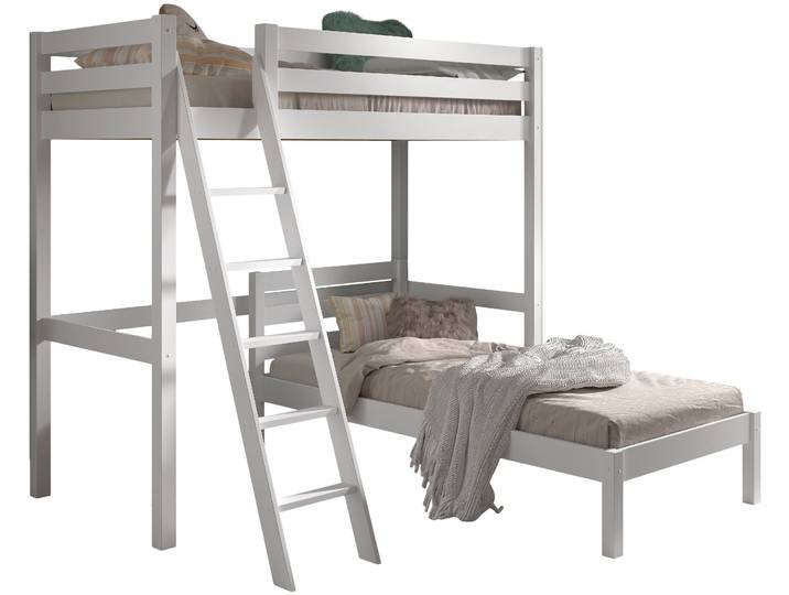 Hochbett VIPACK mit 2 Liegeflächen 90/200 Made in Europe, Kiefer massiv weiss lackiert , weiß, weiß, weiß, B:211cm H:190cm L:209,5cm, Hochbetten, Hochbett, Raum unter dem Bett kann genutzt werden, Einzelbett separt stellbar