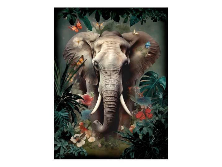 Glasbild Elephant In The Jungle Floatglas Rot/Grün/Grau 60 x 80cm