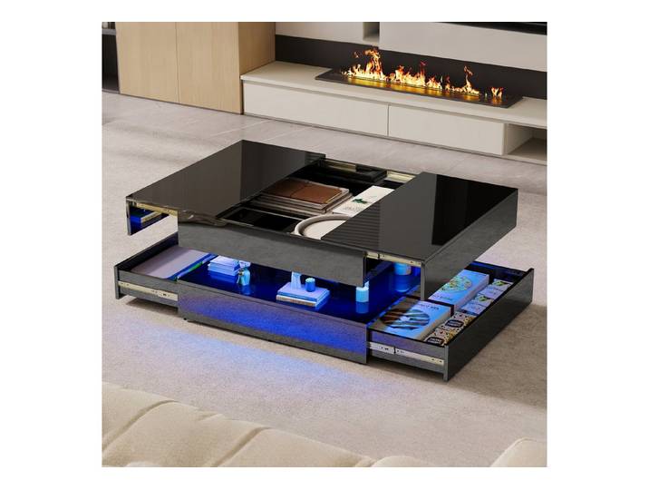 Furnishings Home Couchtisch LED-Couchtisch mit Stauraum & Tech Design (1-St., Hochglänz Oberfläche), Mit versteckter Stauraum und integrierter Beleuchtung