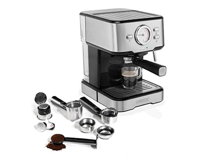 Princess Espressomaschine, 1,5 L, 20 bar, Nespresso und Kaffeepulver Dampfdüse für Milchschaum, Tassenwärmer, Integriertes Thermometer, 3 Edelstahleinsätze, 01.249412.01.001