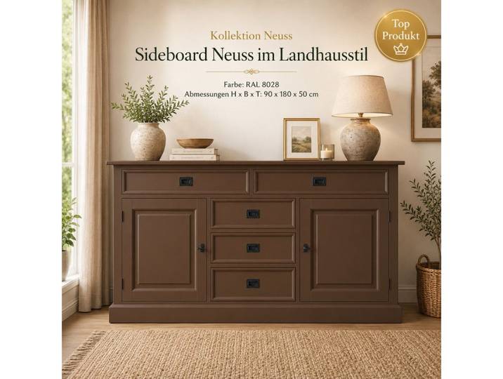 Wohnpalast TV-Board Sideboard Neuss Terrabraun 180 cm mit Schiebetüren im Landhaus Stil