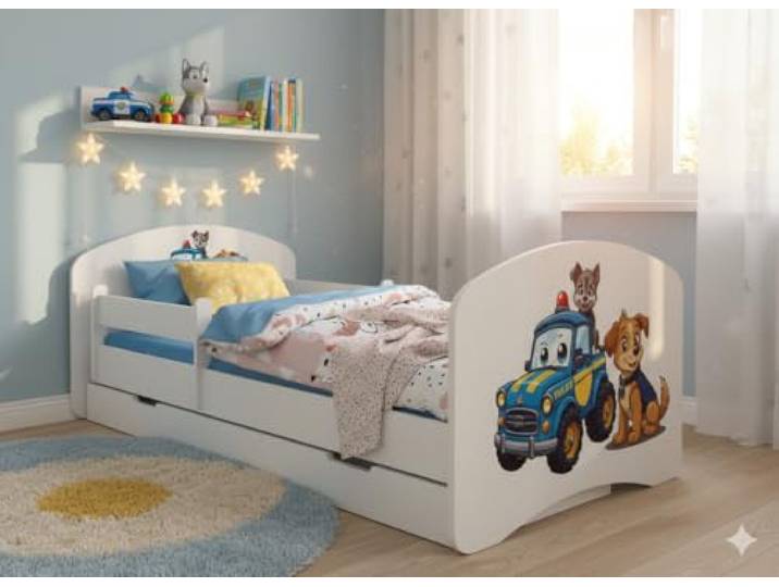 Happy Babies Kinderbett - mit Rausfallschutz Junge 140x70 Mädchen, Bett für Kinderzimmer mit Schublade & Matratze Einzelbett für Kinder Kinder Hundemotiv, süße Bilder (Patrolowe pieski)