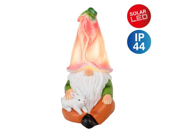 LED Solarleuchte NÄVE Zwerg Günter , bunt, B:12,5cm H:21,5cm L:10,7cm, Leuchten, LED Solarleuchte, bunter Zwerg sitzend mit kleinem Hase, Druckschalter, LED warmweiß