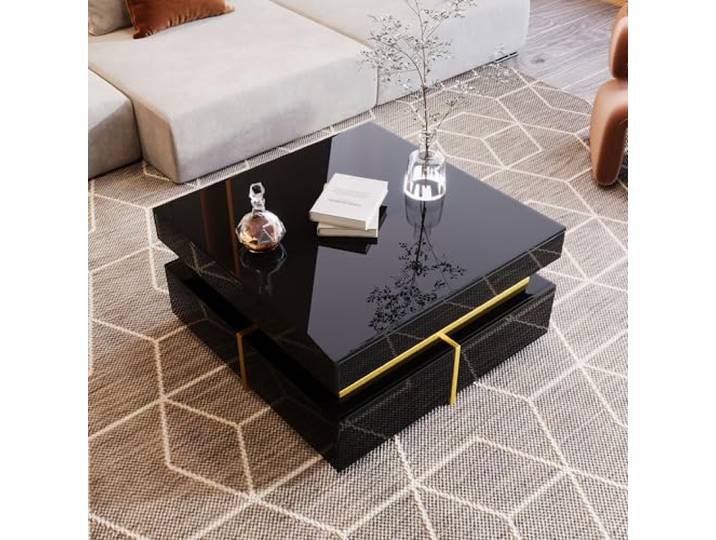boorbin Couchtisch, Hochglanz-Wohnzimmertisch, Beistelltisch mit Schubladen und goldenen Akzenten (Schwarz, 70 * 70 * 35.5CM)