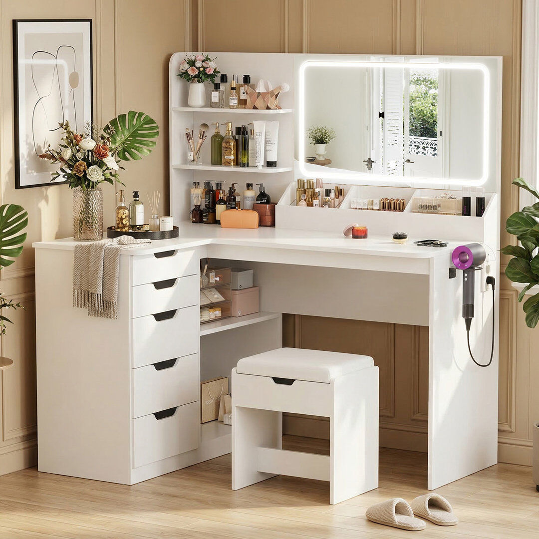 Maxway Furniture Dressing Table with Mirror White 136cm H X 120cm W X 65cm D