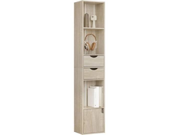 Bibliothèque étagère colonne chêne clair - WOLTU - 30x24x158 cm - 3 compartiments ouverts - 2 tiroirs - 1 casier