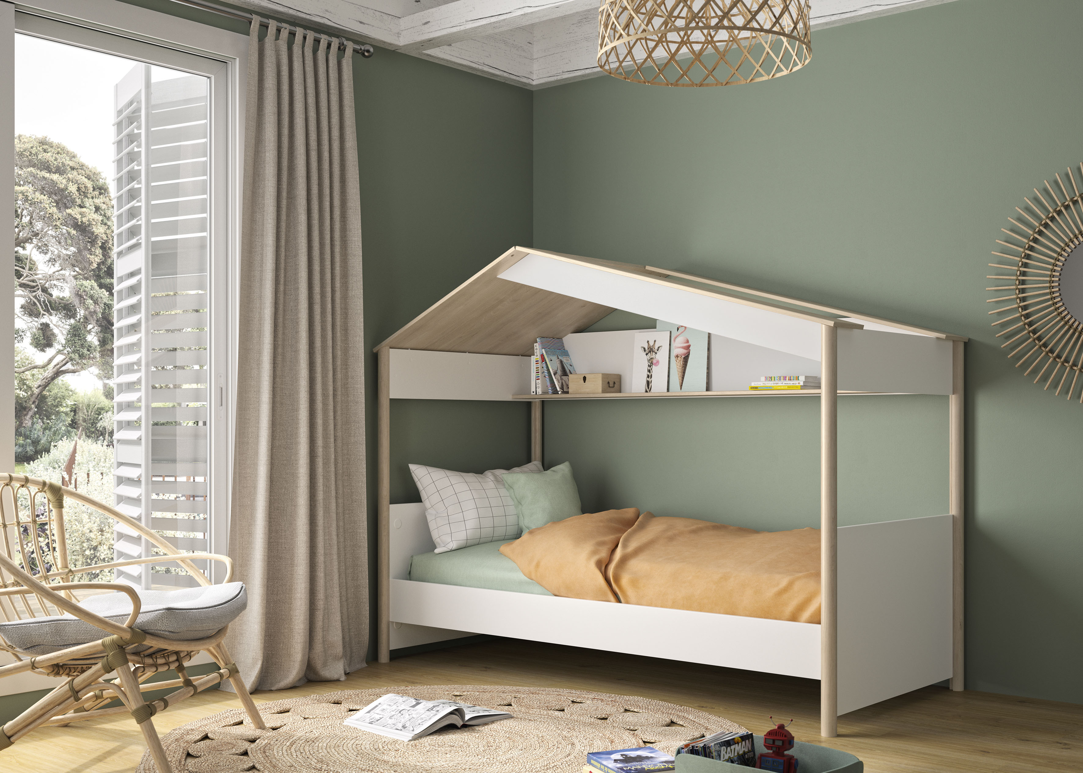 Kinderbett GAMI "HAUSBETT", beige (kastanie natur nachbildung, weiß, kastanie natur nachbildung, weiß, kastanie natur nachbildung, weiß), B:104,2cm H:165cm L:212cm, Betten, Kinderbett