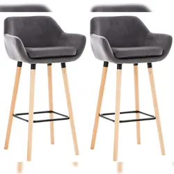 Décoshop26 - Set aus 2 grauen Samt-Barhockern mit Holzbeinen Fußstütze und Armlehnen Retro-Modern-Stil 10_0000320