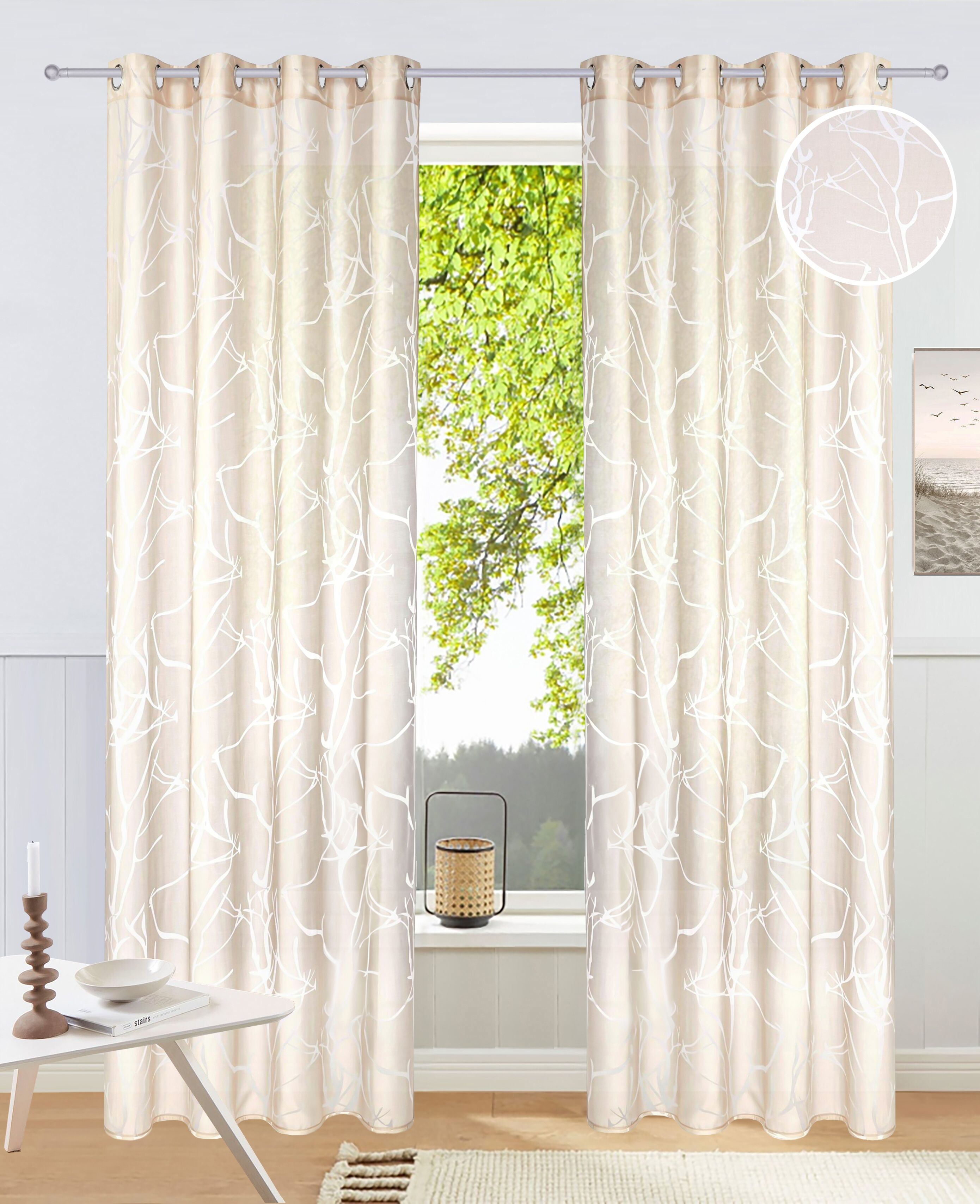 Gardine OTTO HOME "Anna, 1 Stück, halbtransparent, Äste-Motiv" Gr. 2, beige (sand), B:140cm H:175cm, Ausbrenner, Polyester, Viskose, Gardinen, Gardine, Bestseller, Äste-Motiv, Viskose, Polyester