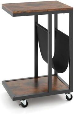Costway C-shaped Side Table with Canvas Storage Pouch and Metal Frame-Borwn