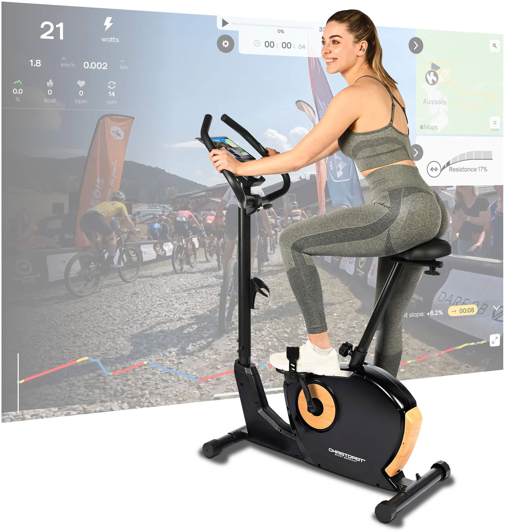 Ergometer CHRISTOPEIT SPORT "ET 3.1", schwarz (schwarz, holzlook), Heimtrainer, ohne Unterlegmatte, Ergometer, 120 kg max. Benutzergewicht, Fahrrad, 32 Widerstandsstufen, B:48cm H:132cm L:94cm