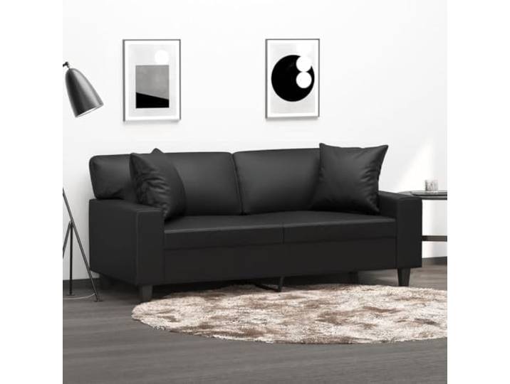 HEFZGDB Modernes 2-Sitzer-Sofa mit Zierkissen Schwarz 140 cm Kunstleder Langlebiges Metallgestell Komfortables Polstermöbel Schmutzabweisende Reinigung Stabiles Wohnzimmer Sofa