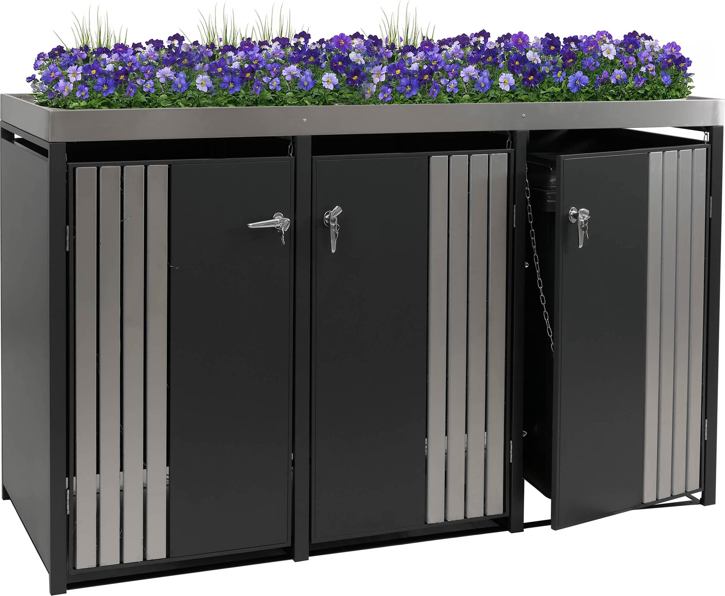 3er-Mülltonnenverkleidung MCW-O67, Mülltonnenbox mit Pflanzkasten, Metall 125x196x84cm 75kg anthrazit Edelstahl