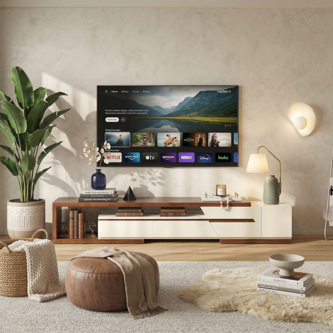 Blue Elephant Pre Assembly Scalable TV Stand with Storage Space Saving Adjustable Media Console (78.74"-106.29") for Living Room Furniture White 78"