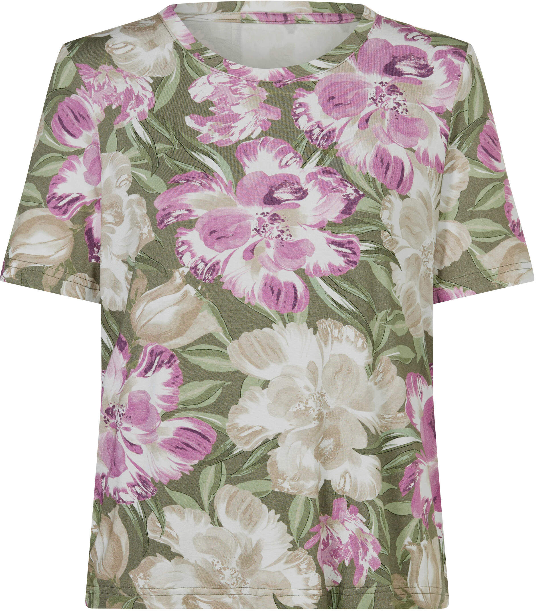 T-Shirt WITT "Print-Shirt Print-Shirt in ECOVERO-Qualität von Lenzing", Damen, Gr. 40, pistazie, orchidee, bedruckt, Elegant, Rundhals, Shirts T-Shirt