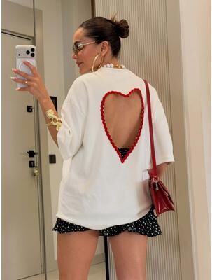 Universal Stock Heart Cutout Backless Summer Top For Women Loose Fit Casual White Streetwear Tee red m