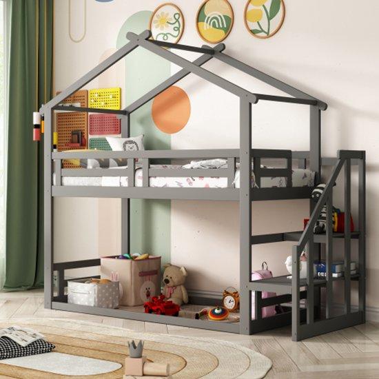 Kinderbett 90*200cm, schmal stapelbett mit Sicherheitsgurt, Holzstapelbett mit Lattenrost, grau