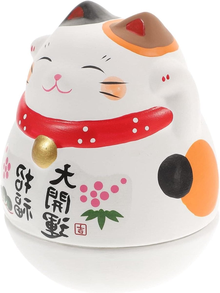 Keramisch Kat Beeldje Gelukskat Ornament Wit Zwart B: 8,20 cm, D: 6,20 cm