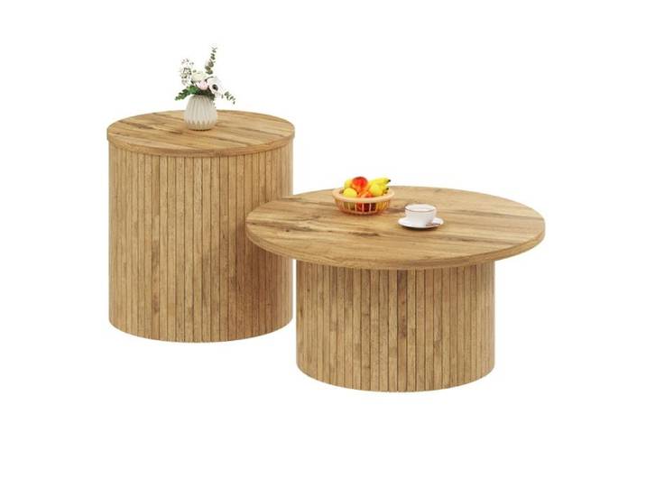 Table Basse Ronde Double Table d'Appoint avec Lattes en Bois Naturel. Table de Salon Multifonctionnelle au Design Scandinave