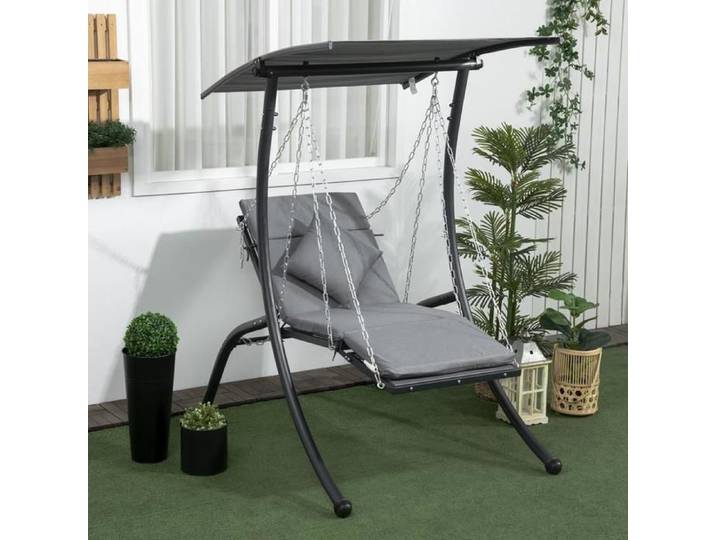 Balançoire de jardin de style Hollywood avec coussins et pare-soleil réglable gris foncé pour jardin et terrasse.