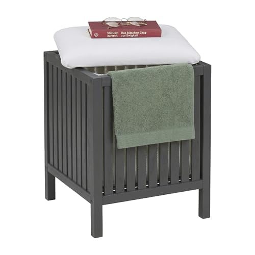 Relaxdays Wasmand met zitfunctie en deksel, Walnoot, Grijs/Wit/Bruin