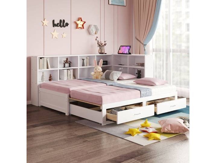 Lit coffre 180x190 cm en bois massif avec rangements tiroirs et prises pour petit espace
