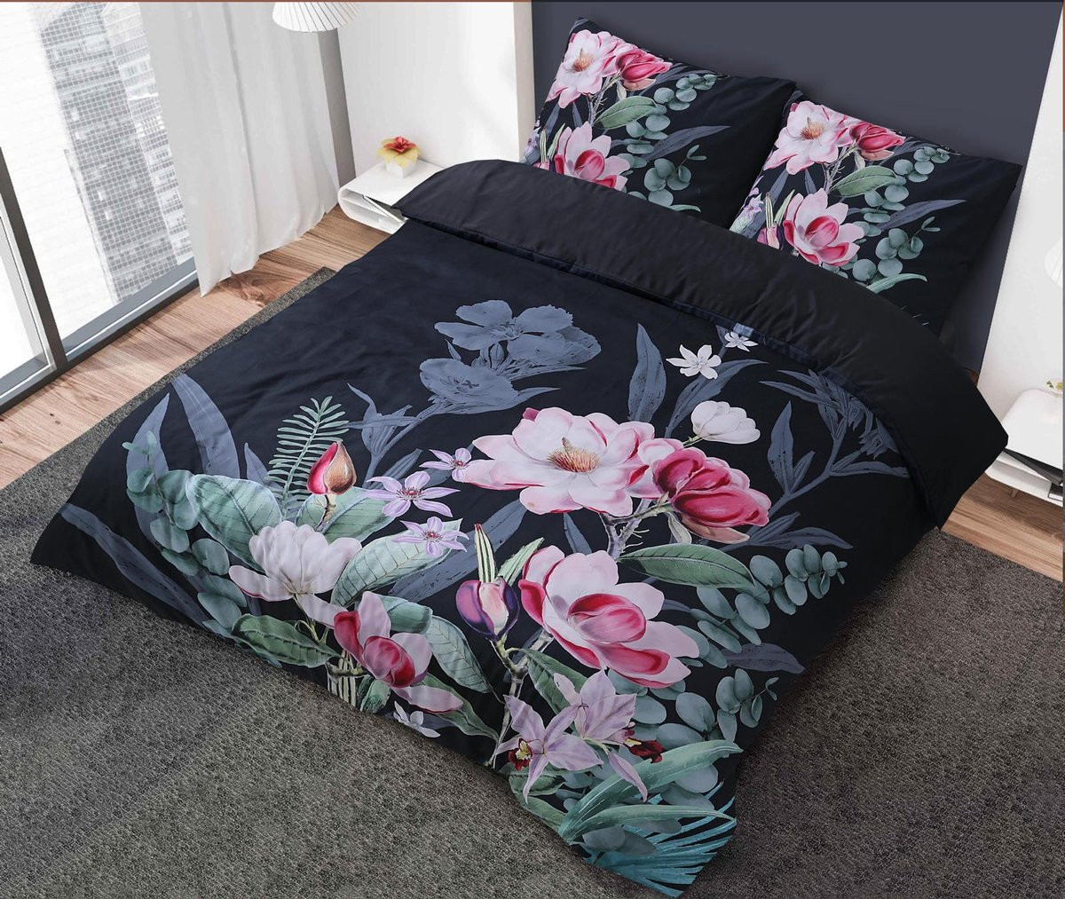 Husch Dekbedovertrek Marlous Black 200x220 cm - Microvezel - Botanisch - Met 2 Kussenslopen en Instopstrook met Drukknopen