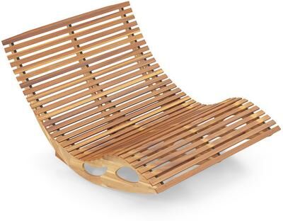 Costway Slatted Acacia 2-Seat Patio Dual Rocker Sunbed Wood Lounger with Ergonomic Curved Seat