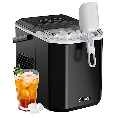 Silonn Mini IJsblokjesmachine met Draaggreep en Ijsmand, Zelfreinigende Ijsmaker met 2 Ijsblokjesmaten