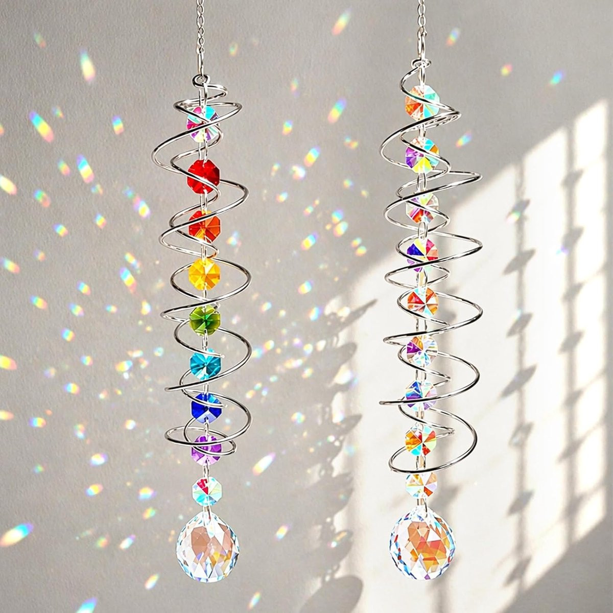 Set van 2 ShopVlot kristallen spiraal zonnevangers met kristallen bol, multicolor regenboog suncatcher voor aan het raam