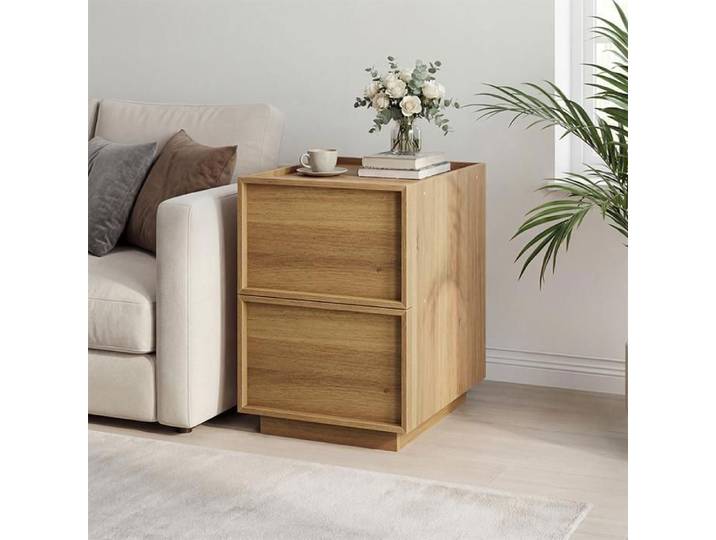 Table de Chevet 38x48x50cm Chevet avec 2 Tiroirs Sans Poignée Effet Chêne Naturel Design Minimaliste Moderne Chambre