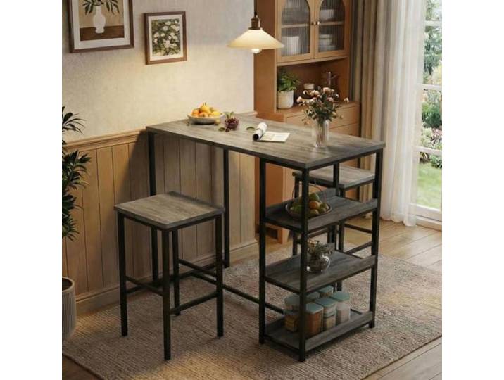 Litake 3-Piece Bar Table Set for 2, Bar Height Table with Stools & 2 Storage Shelves, Small Dining Table Set with Glass Rack, Small Kitchen Table for Dining Room, Living Room, Grey