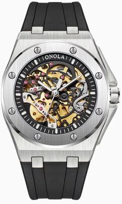 Inspired Finds ONOLA Luxury Automatic Mechanical Watch Waterproof Sports Men's Wristwatch With Luminous Dial silver Black
