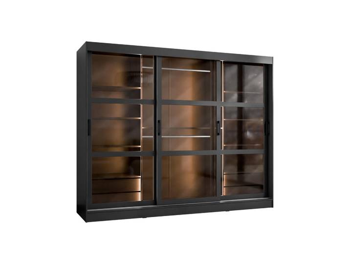 Mirjan24 Kleiderschrank Norlio 250 mit LED Beleuchtung, Schwarz, Kunststoff, 4 Schubladen, Rechteckig, 250x203x65 cm, Schlafzimmer, Kleiderschränke