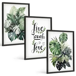 BILDER SET 3er Set - 40x60 cm Schwarzer Rahmen - Blattpflanzen leben, lachen, lieben