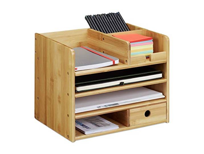 Relaxdays Organiseur de bureau\, Compartiments\, Bac courrier A4\, Tiroirs\, Fournitures\, Système d’organisation\, en bambou\, Taille Unique\, Nature