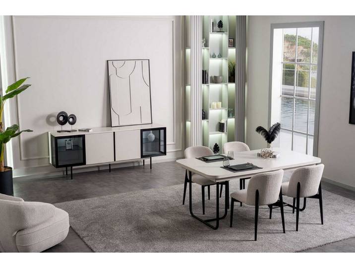 JVmoebel Essgruppe Esstisch Stühle Sideboard modern weiß schwarz quadratisch, (6-tlg)