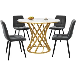 MODFU Essgruppe 5-teilig Esstisch rund mit 4 Stühlen 80x80x76 cm Mehrfarbig MDF Metall Samt mit Marmoroptik Tischplatte verstellbaren Füßen