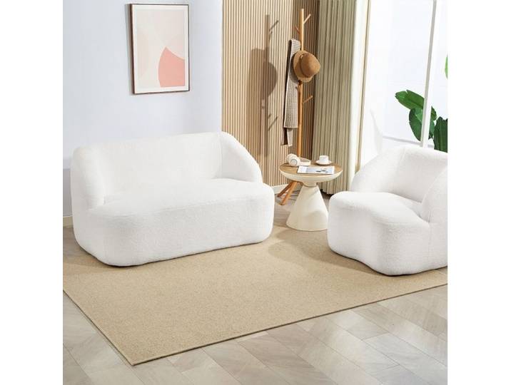 Canapé fixe 2 places – Blanc – Revêtement fleece – Design arrondi – 142 cm