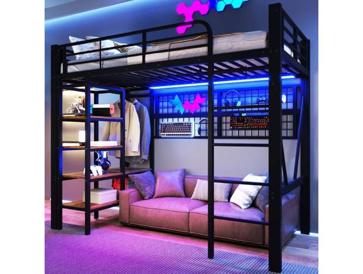 Lit mezzanine 90x200 cm cadre fer LED sans matelas noir