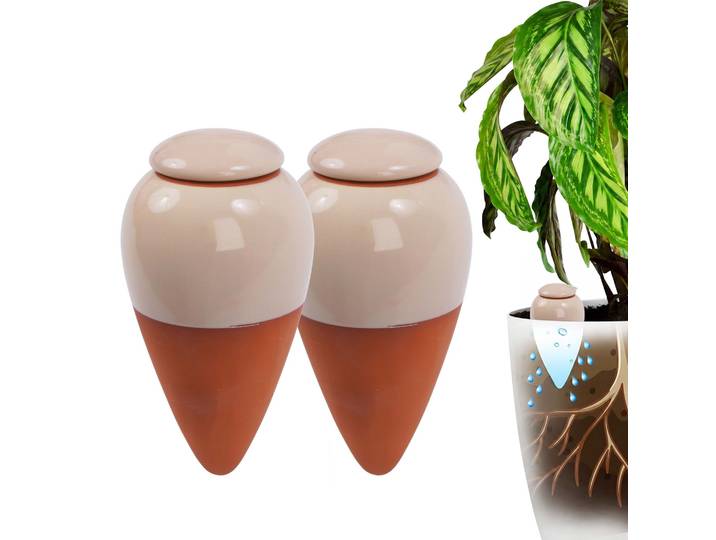 Relaxdays Cônes D'Arrosage En Céramique Beige\, Lot De 2\, 350 Ml\, Avec Couvercle Pour Plantes D'Intérieur Et Jardinières