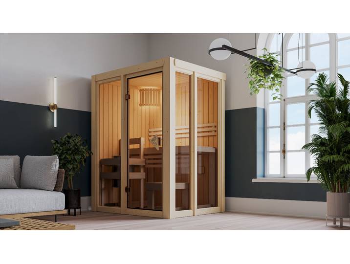 Sauna KARIBU Vivi 1 , beige (naturbelassen), Bio-Ofen, externe Steuerung, 3,6 kW, Saunen, Sauna