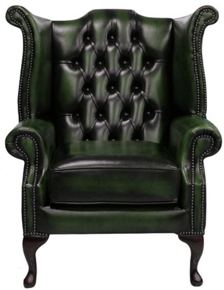 Designer Sofas For You Ltd High Back Chesterfield Upholstered Full Grain Leather Wingback Chair Antique Green 106cm H X 88cm W X 89cm D