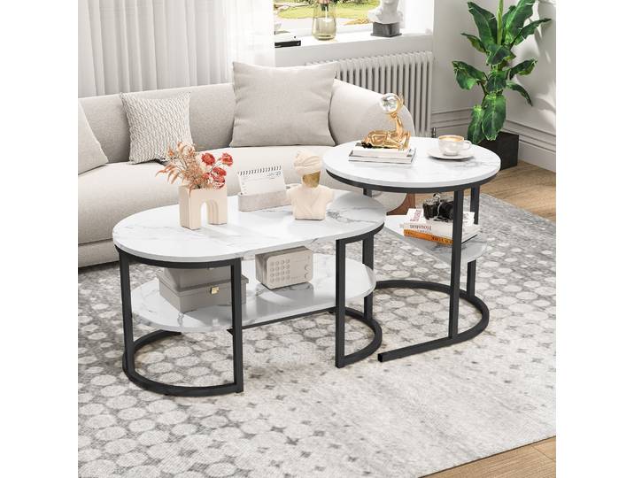 Fortuna Lai Couchtisch 2er Set, Satztische mit Marmor-Effekt, Wohnzimmertische Set mit Metallrahmen, Moderner Sofatisch für Wohnzimmer, Schlafzimmer, Büro, Max. 50 kg (Schwarz)