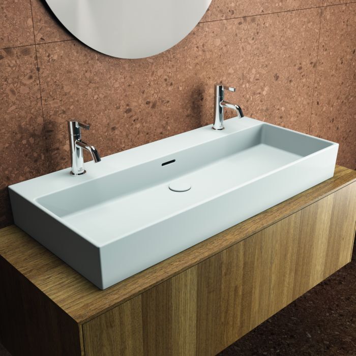 Ideal Standard Waschtisch T3906MA 100x45x15cm, 2 Hahnlöcher, mit Überlauf, geschliffen, weiß Ideal Plus