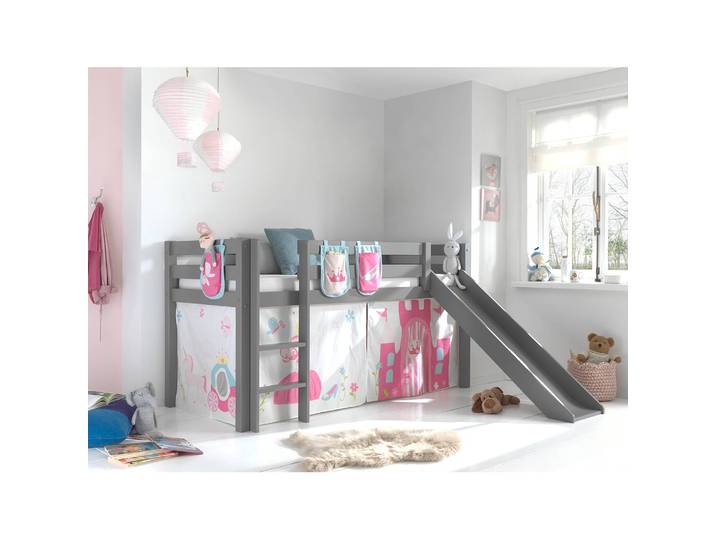 Spielbett Princess 90 x 200cm Grau/Kiefer Grau mit Taschen/mit Rutsche/mit Leiter