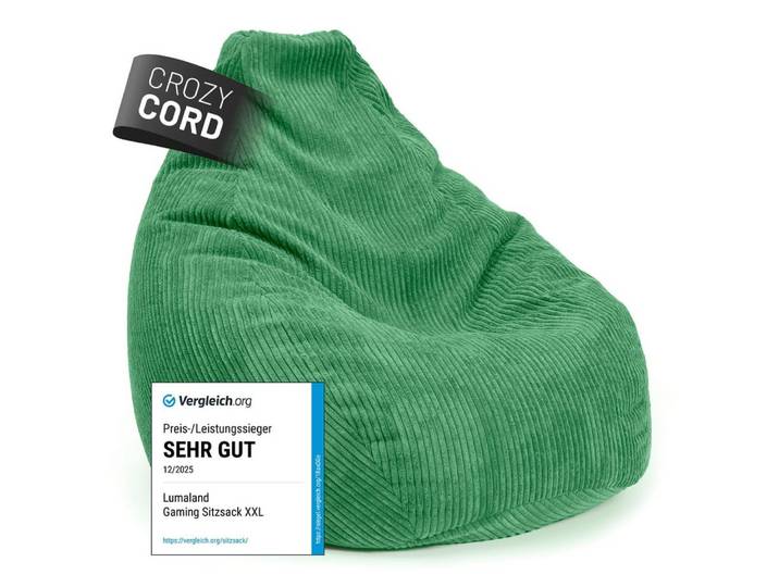 Lumaland Sitzsack Gaming-Sitzsack Cord 350l dunkelgrün, supersofte Füllung EPS-Perlen