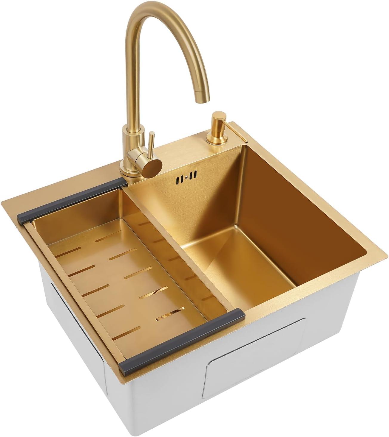 Küchenspüle aus Edelstahl, 50x45x22cm mit Abtropfkorb, Wasserhahn und Seifenspender, Einbauspüle, Einzelbecken, Gold